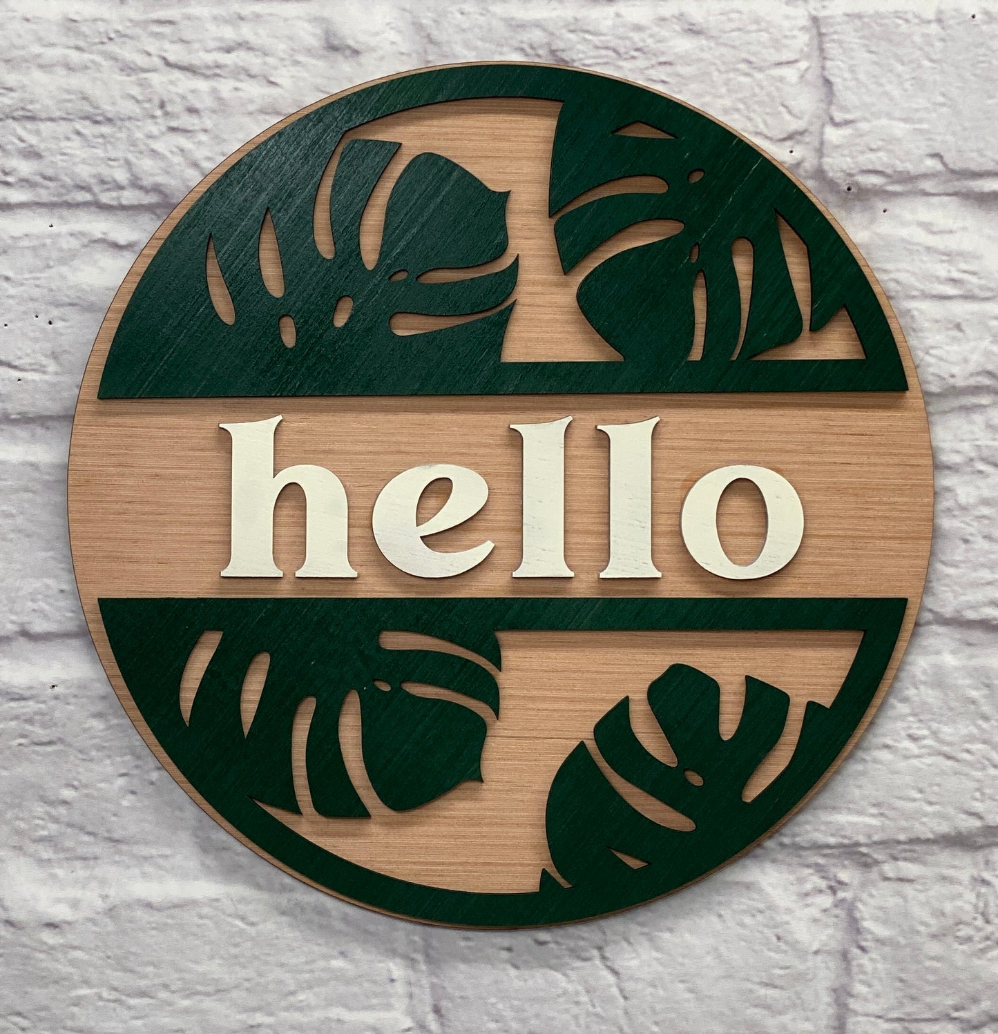 Hello Door Hanger with Monstera Leaf Detail 3D Laser Cut Wood Blank Cutout Door Hanger