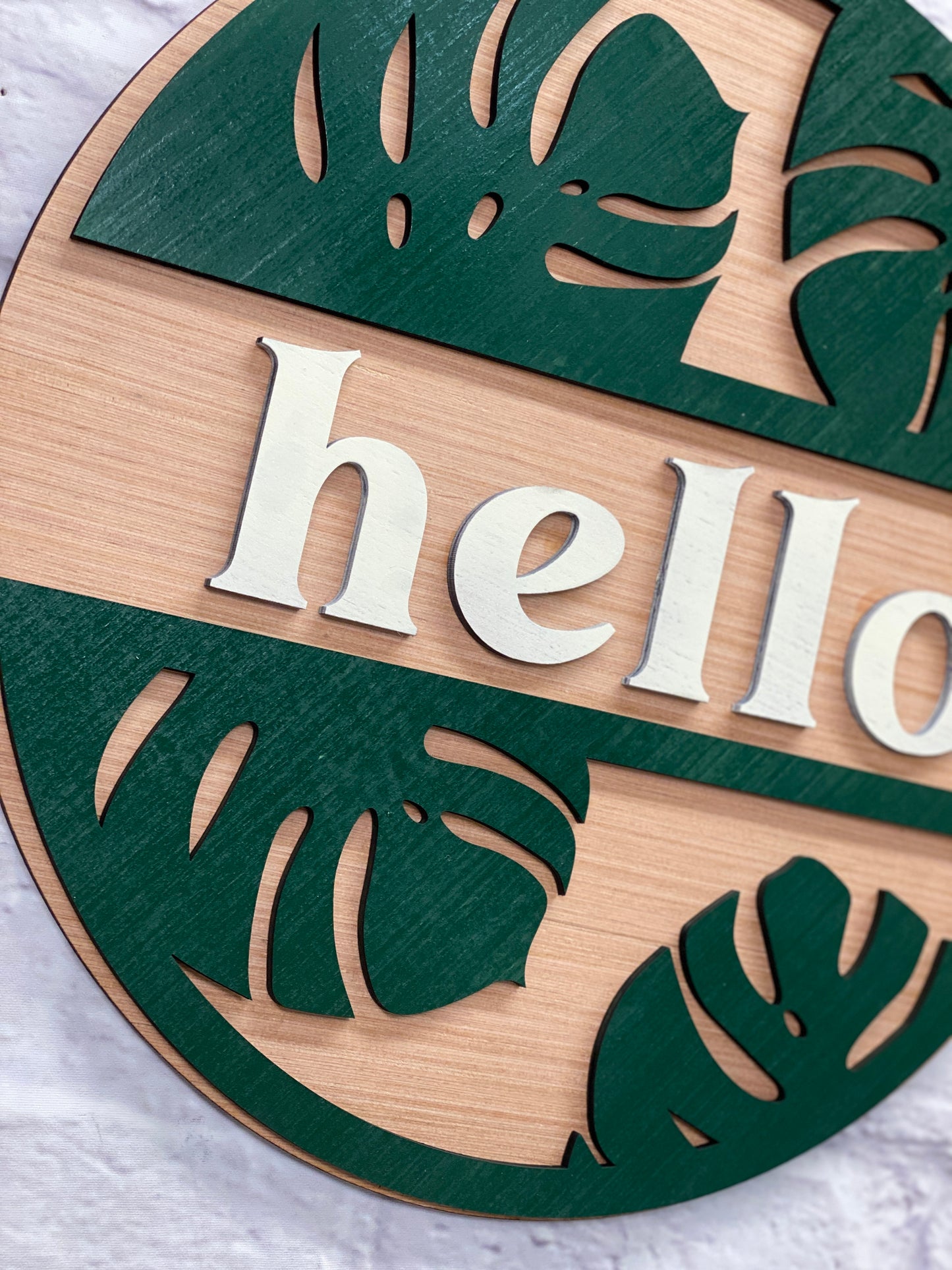 Hello Door Hanger with Monstera Leaf Detail 3D Laser Cut Wood Blank Cutout Door Hanger