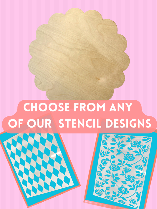 DIY Scallop Edge Round Wood Sign Kit with Stencil – 12x16 Mylar Stencil & 1/4” Birch Wood Blank – Craft Kit for Small Business & DIY Home Decor Projects