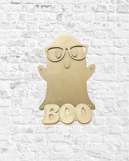 Ghost with Eyeglasses and Boo Garland Door Hanger Kit, Laser-Cut Door Hanger Paint Party Kit