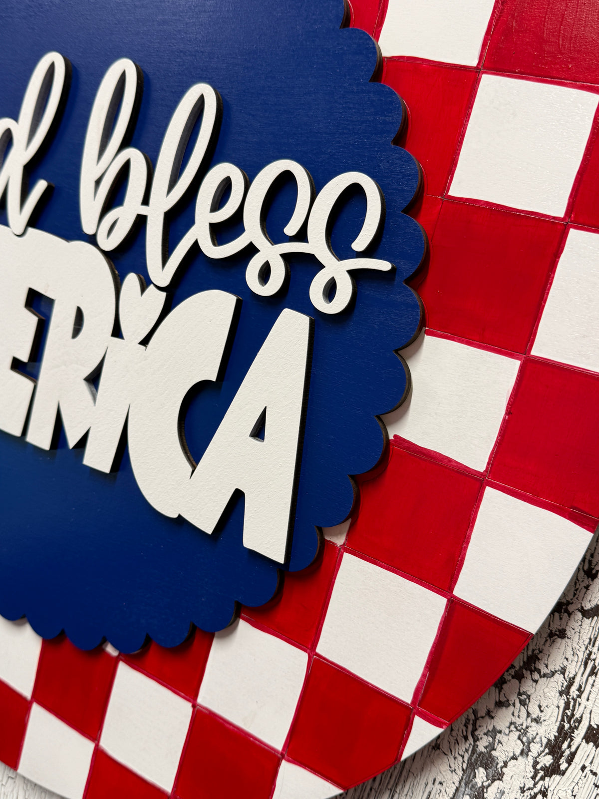 God Bless America Door Hanger DIY Kit | Patriotic Wood Blank with 3D Words | Faith Based Craft Kit | Scalloped Round Sign
