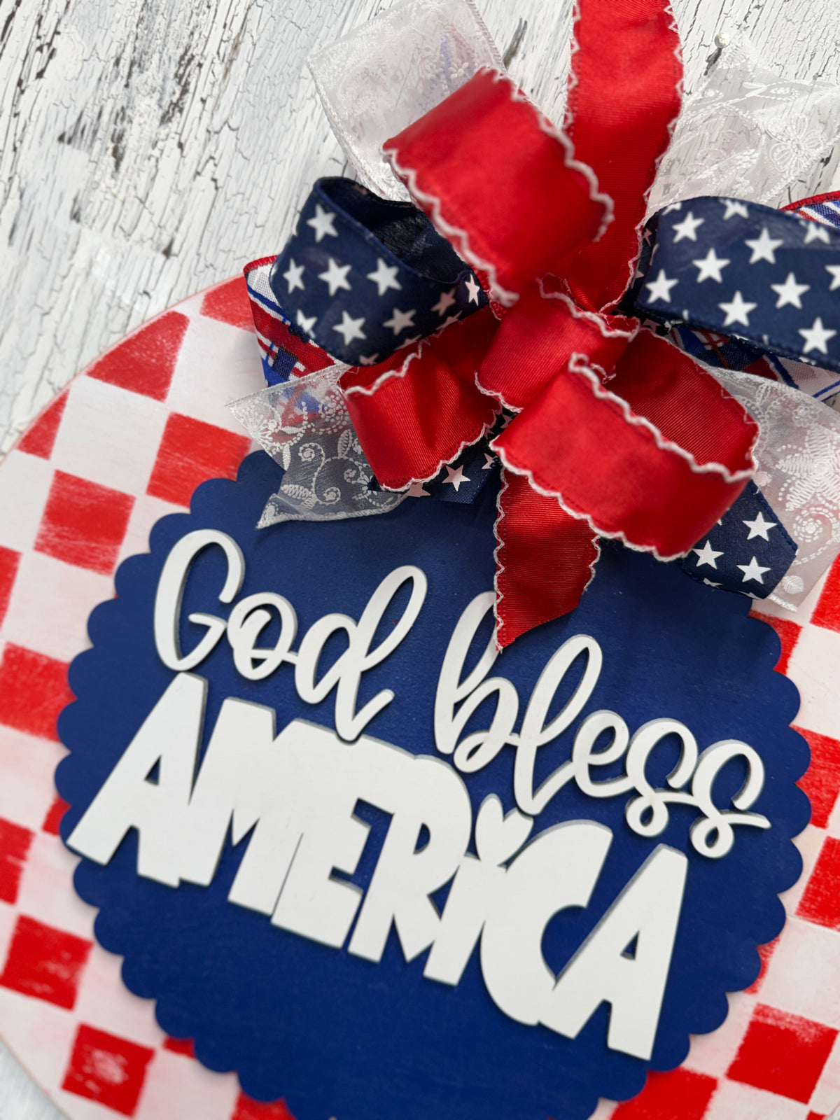 God Bless America Door Hanger DIY Kit | Patriotic Wood Blank with 3D Words | Faith Based Craft Kit | Scalloped Round Sign