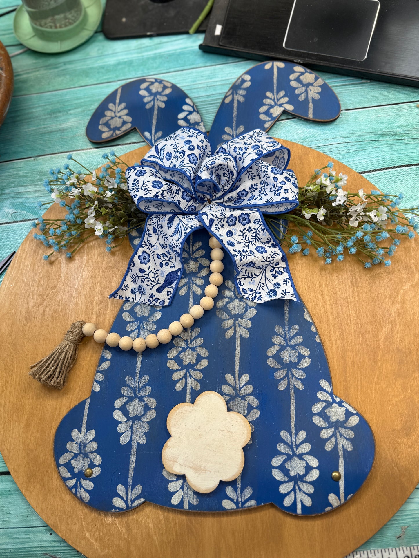 Wooden Bunny Door Hanger – Handpainted Spring Decor or DIY Wood Blank Kit with Reusable Stencil