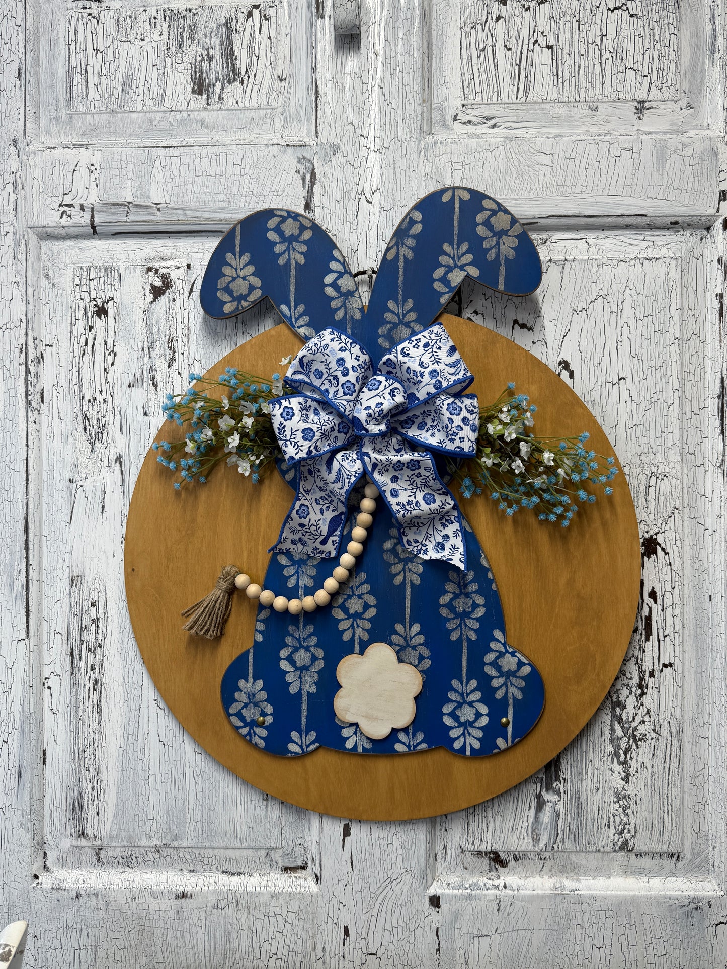 Wooden Bunny Door Hanger – Handpainted Spring Decor or DIY Wood Blank Kit with Reusable Stencil