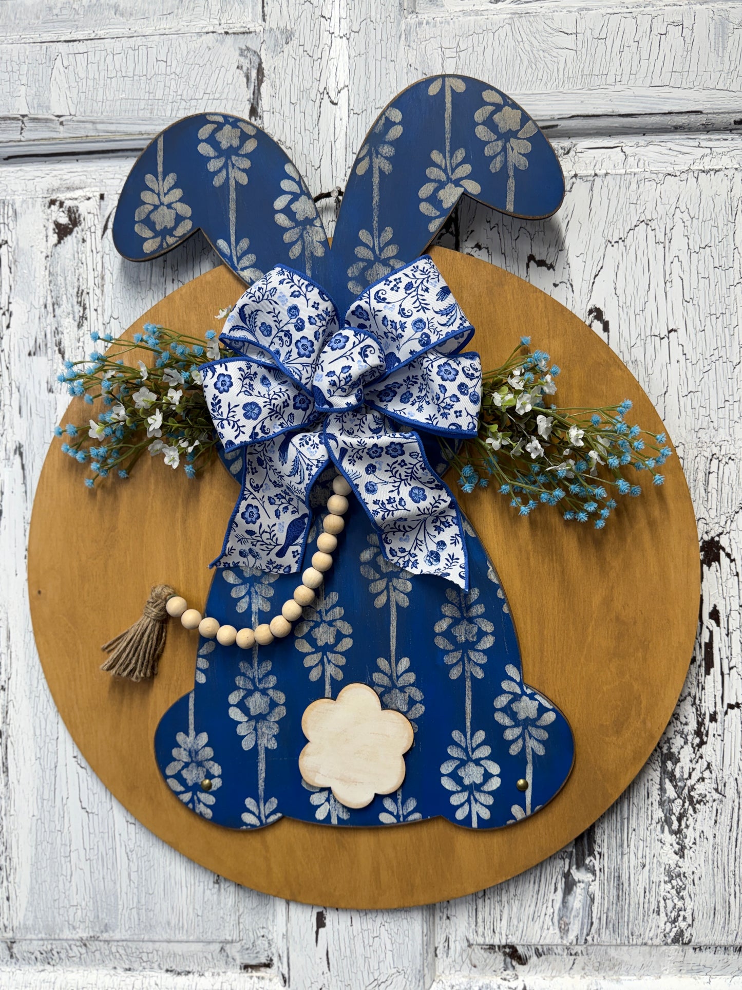 Wooden Bunny Door Hanger – Handpainted Spring Decor or DIY Wood Blank Kit with Reusable Stencil
