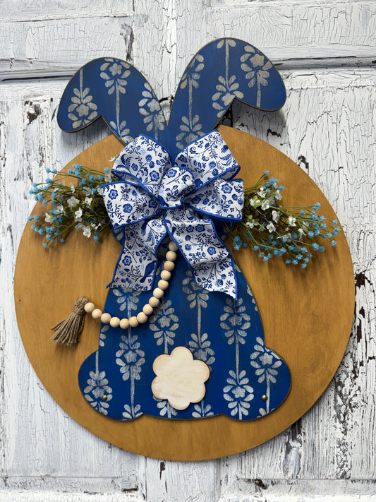 Wooden Bunny Door Hanger – Handpainted Spring Decor or DIY Wood Blank Kit with Reusable Stencil