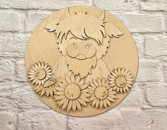 Highland Cow Fall Sunflower Door Hanger Kit, Farmhouse Front Door Wreath Laser-Cut Door Hanger Kit