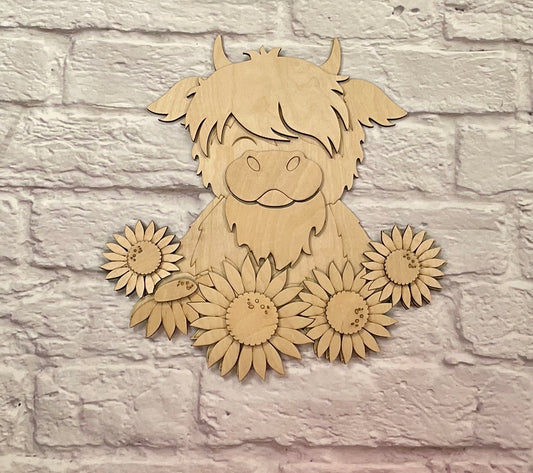 Highland Cow Fall Sunflower Door Hanger Kit, Farmhouse Front Door Wreath Laser-Cut Door Hanger Kit