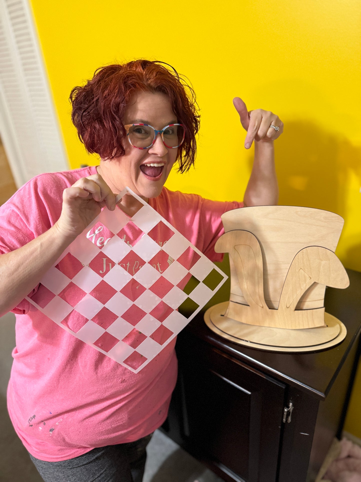 DIY Easter Shelf Sitter Kit – Wooden Top Hat with Bunny Ears + 12x12 Checkerboard Mylar Stencil | Layered Birch Wood Paint Kit | Spring Decor Craft