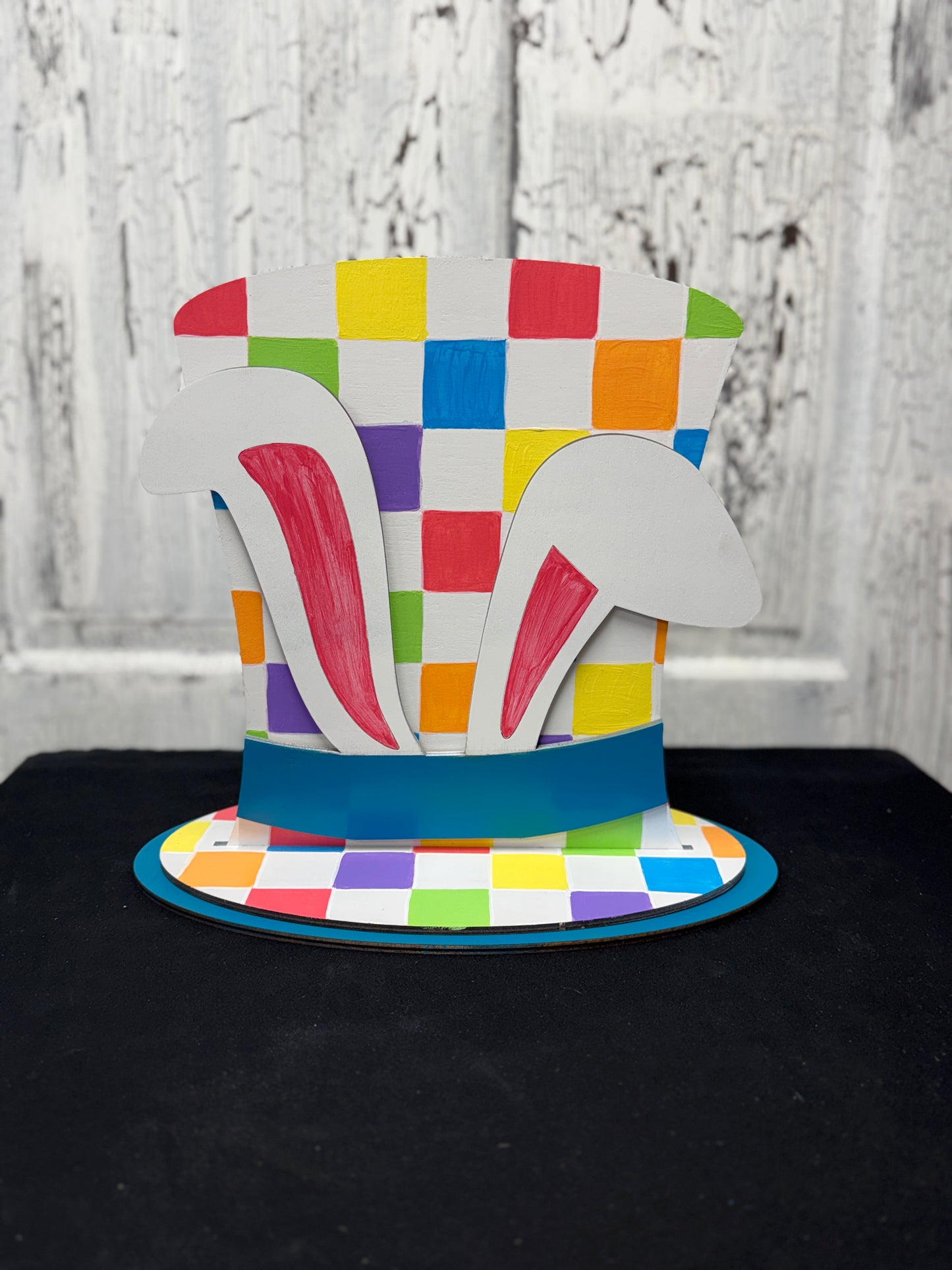 DIY Easter Shelf Sitter Kit – Wooden Top Hat with Bunny Ears + 12x12 Checkerboard Mylar Stencil | Layered Birch Wood Paint Kit | Spring Decor Craft
