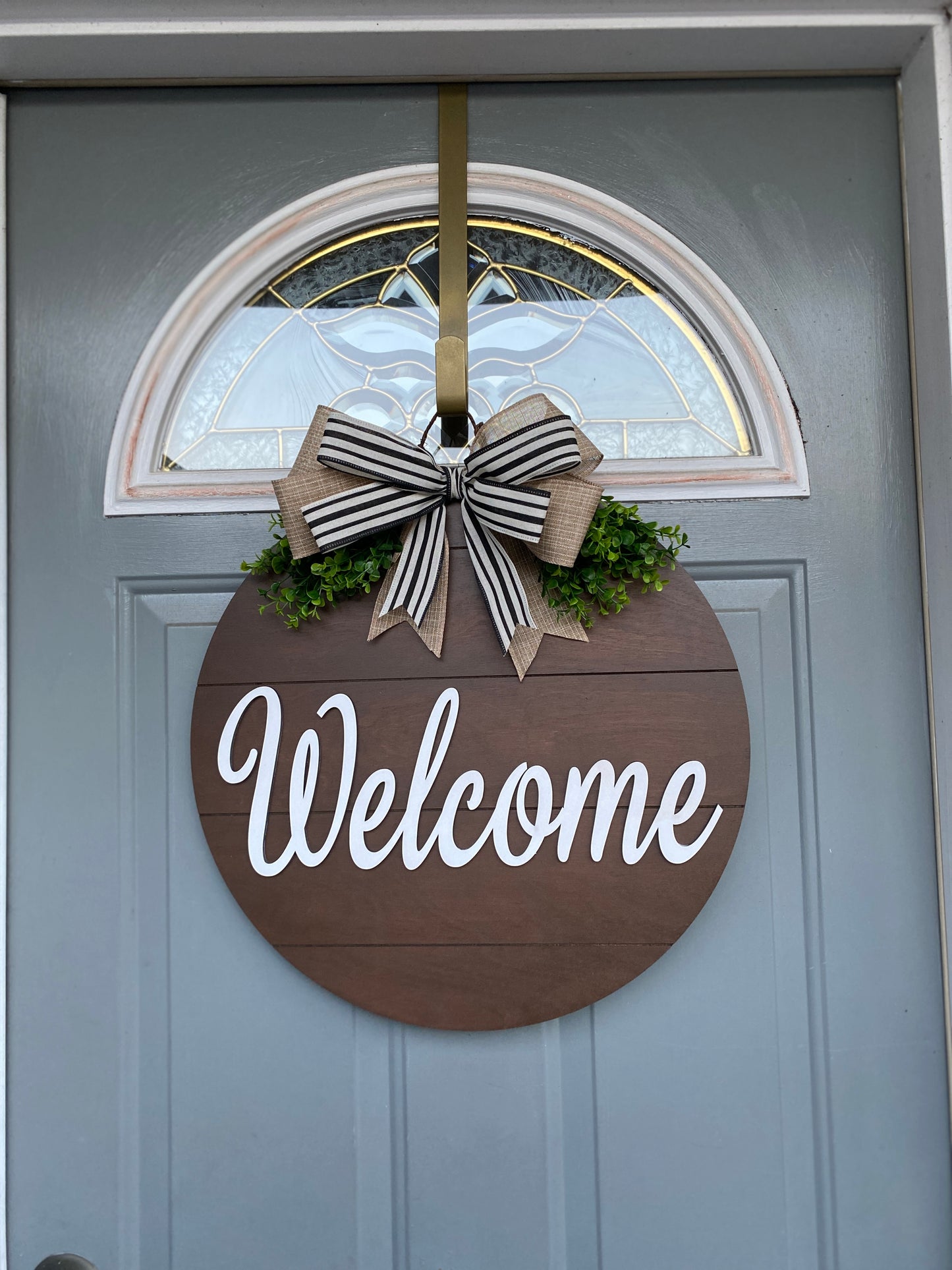 Rustic Charm Shiplap Welcome Door Hanger with Bow and Greenery