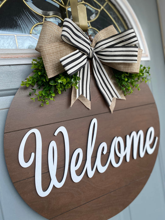 Rustic Charm Shiplap Welcome Door Hanger with Bow and Greenery