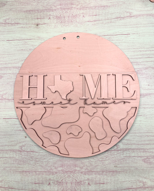 DIY Laser-Cut Cow Print Door Hanger Kit - "Home Sweet Home" with State Shape Accent