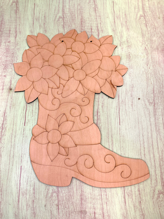 Cowboy Boot Wooden Blank DIY Kit with Floral Arrangement - Western Theme Paint Party