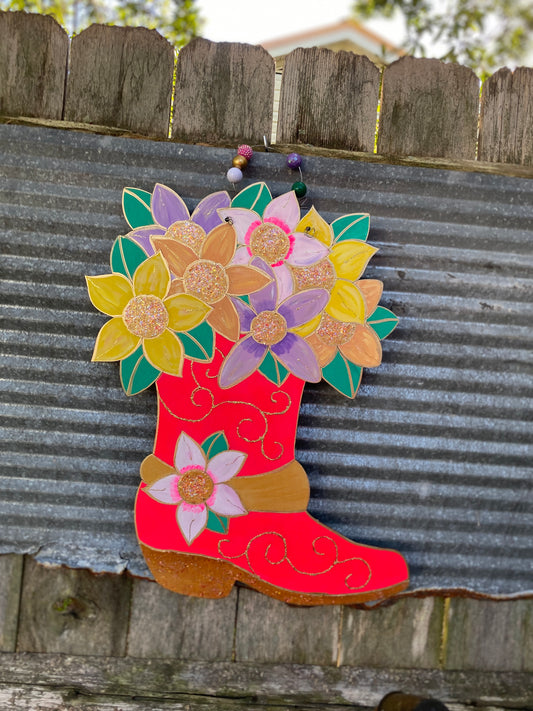 Neon Pink Cowboy Boot Door Hanger with Metallic Gold Details