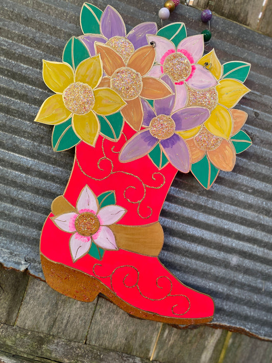 Neon Pink Cowboy Boot Door Hanger with Metallic Gold Details