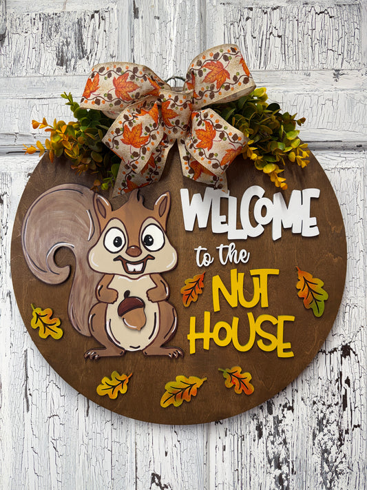 Welcome To The Nuthouse Squirrel w/ Acorns DIY Wood Door Hanger Kit | Funny Fall Sign