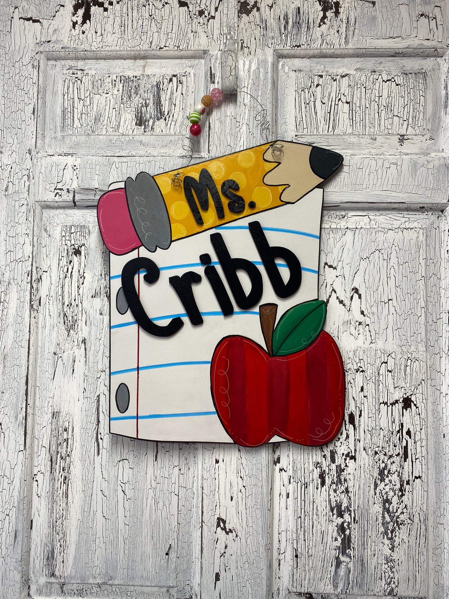Personalized Teacher Door Hanger with Apple and Pencil | Custom Classroom Sign | Back to School Gift for Teachers | Teacher Name Sign