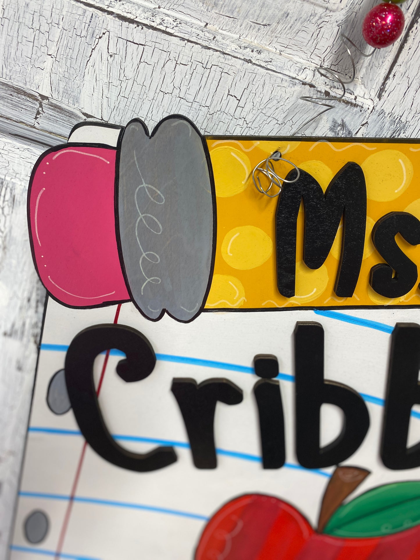Personalized Teacher Door Hanger with Apple and Pencil | Custom Classroom Sign | Back to School Gift for Teachers | Teacher Name Sign