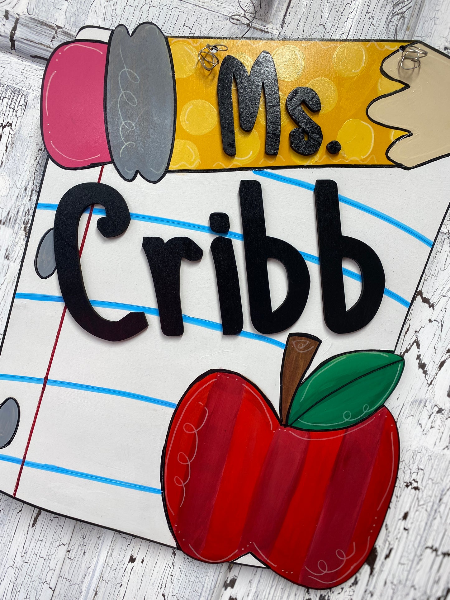 Personalized Teacher Door Hanger with Apple and Pencil | Custom Classroom Sign | Back to School Gift for Teachers | Teacher Name Sign
