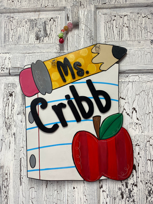 Personalized Teacher Door Hanger with Apple and Pencil | Custom Classroom Sign | Back to School Gift for Teachers | Teacher Name Sign