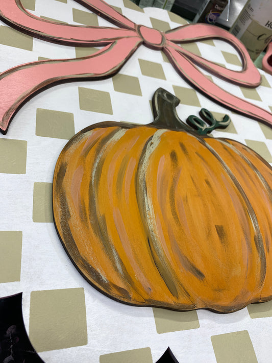 Scalloped Round Coquette Bow Pumpkin Fall Door Hanger Laser Wood Cutout