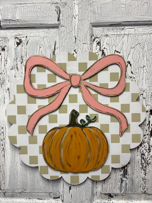 Scalloped Round Coquette Bow Pumpkin Fall Door Hanger Laser Wood Cutout
