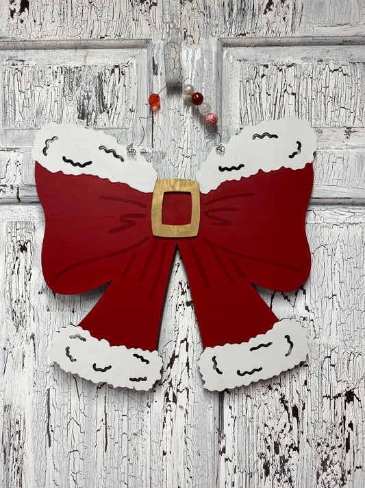 Santa Coquette Bow Christmas Door Hanger – Hand Painted Wooden Front Wreath Door Decor Holiday Wall Decoration Winter Wreath Alternative