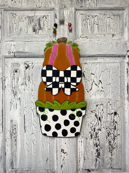Pumpkin Topiary Checkered Black White Bow Door Hanger Whimsical Fall Front Door Wreath Pink Orange Hand Painted Autumn Porch Decoration