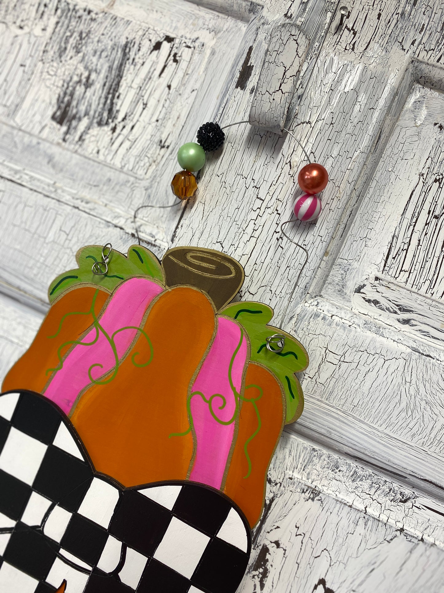 Pumpkin Topiary Checkered Black White Bow Door Hanger Whimsical Fall Front Door Wreath Pink Orange Hand Painted Autumn Porch Decoration