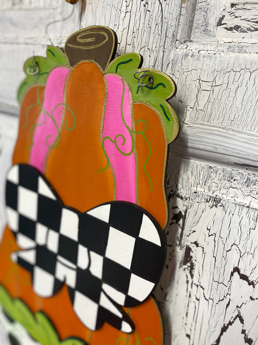 Pumpkin Topiary Checkered Black White Bow Door Hanger Whimsical Fall Front Door Wreath Pink Orange Hand Painted Autumn Porch Decoration