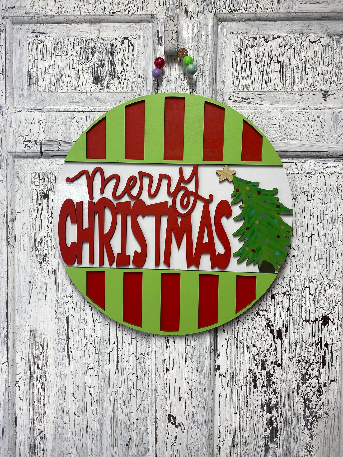 Merry Christmas Layered Door Hanger with Tree – 18 Inch Round Wooden Christmas Sign for Front Door or Wall