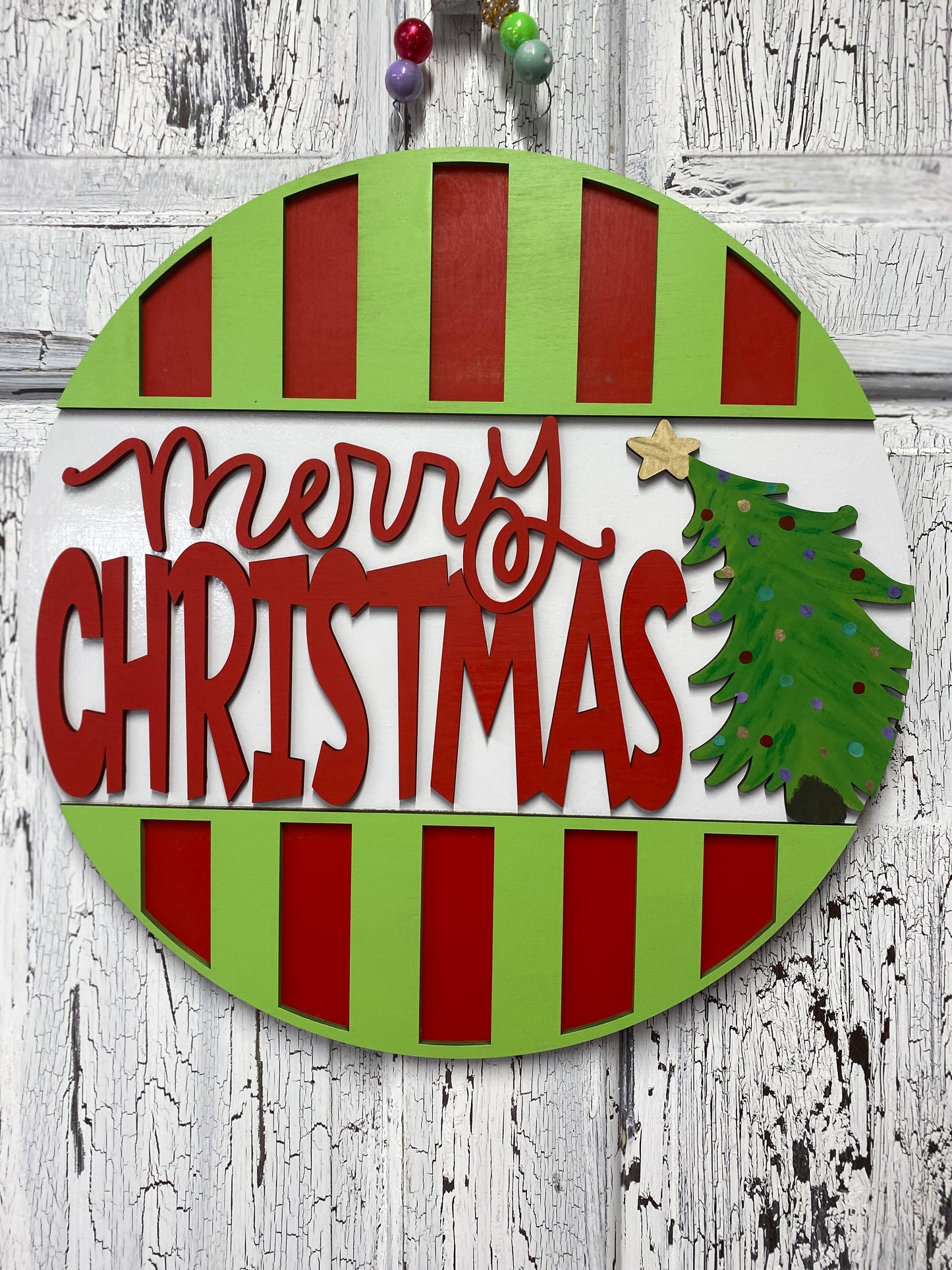 Merry Christmas Layered Door Hanger with Tree – 18 Inch Round Wooden Christmas Sign for Front Door or Wall