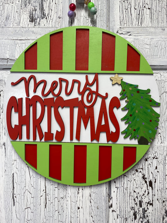 Merry Christmas Layered Door Hanger with Tree – 18 Inch Round Wooden Christmas Sign for Front Door or Wall