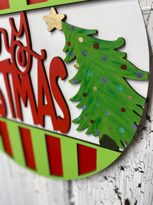 Merry Christmas Layered Door Hanger with Tree – 18 Inch Round Wooden Christmas Sign for Front Door or Wall
