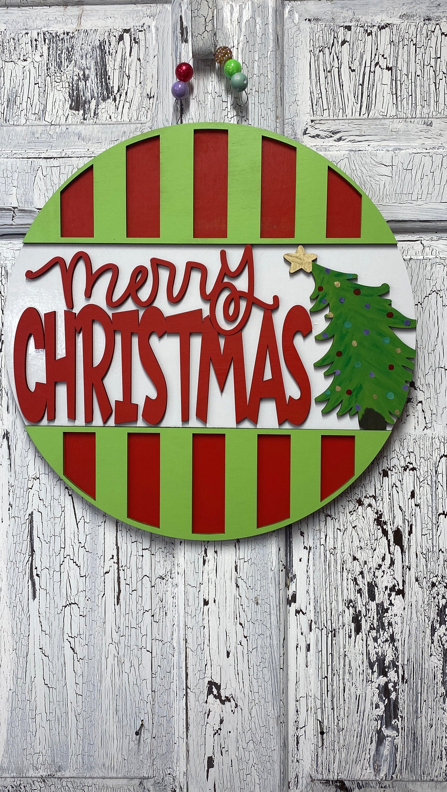 Merry Christmas Layered Door Hanger with Tree – 18 Inch Round Wooden Christmas Sign for Front Door or Wall