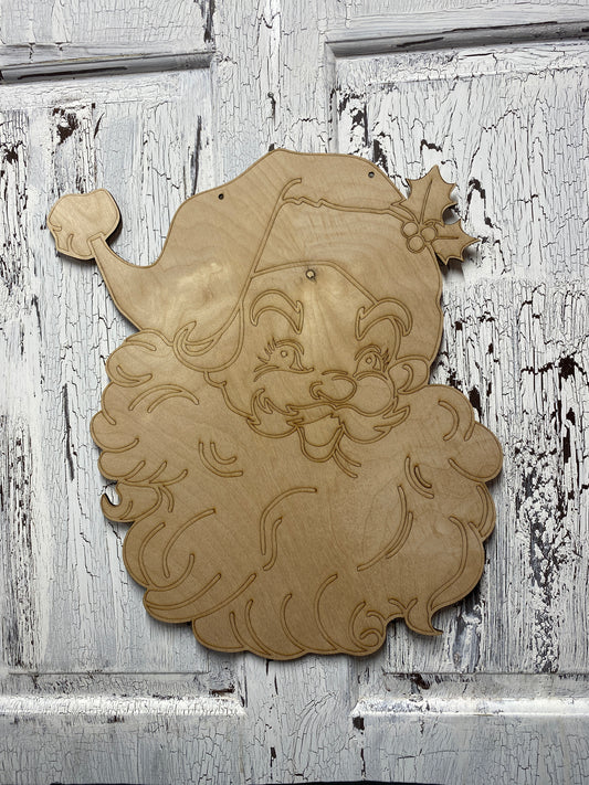 Hand Painted Wooden Santa Door Hanger – Leopard Print Hat Christmas Decoration – Holiday Wall Hanging