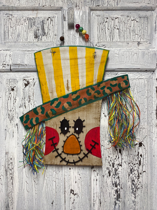 Whimsical Scarecrow Door Hanger – Hand Painted Rustic Fall Decor
