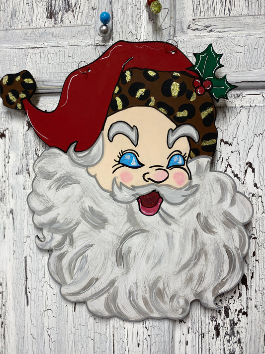 Hand Painted Wooden Santa Door Hanger – Leopard Print Hat Christmas Decoration – Holiday Wall Hanging