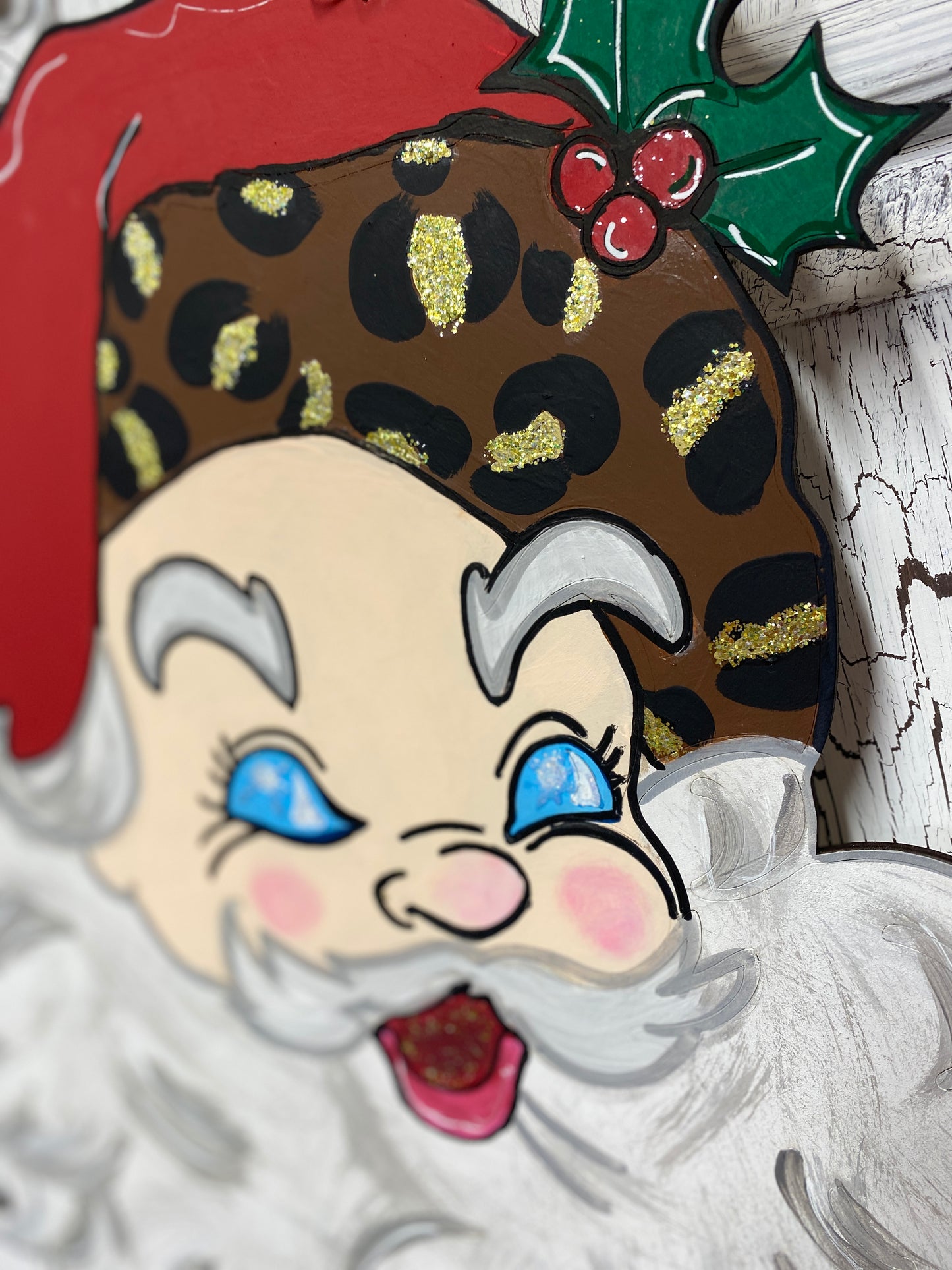 Hand Painted Wooden Santa Door Hanger – Leopard Print Hat Christmas Decoration – Holiday Wall Hanging