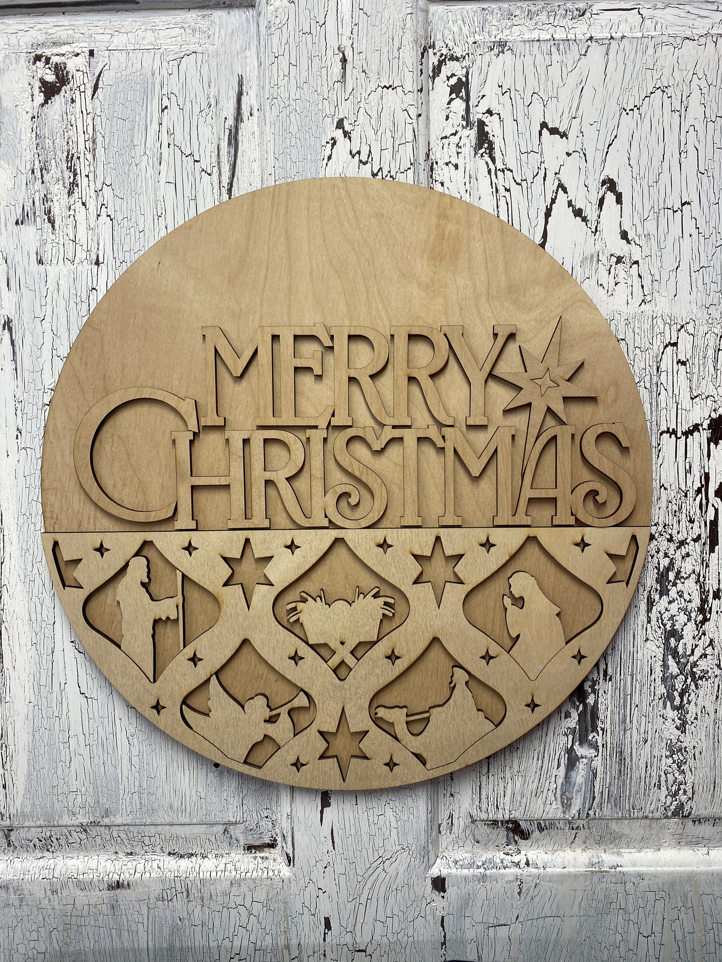 Nativity Silhouette Merry Christmas Layered Door Hanger – 18 Inch Round Wooden Christmas Sign for Front Door or Wall