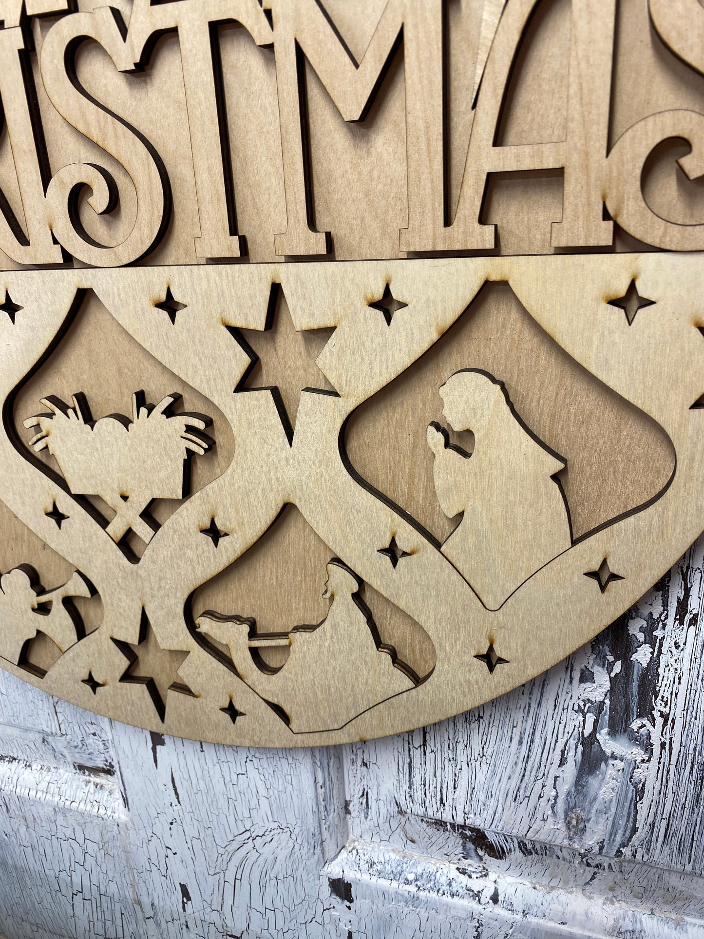 Nativity Silhouette Merry Christmas Layered Door Hanger – 18 Inch Round Wooden Christmas Sign for Front Door or Wall