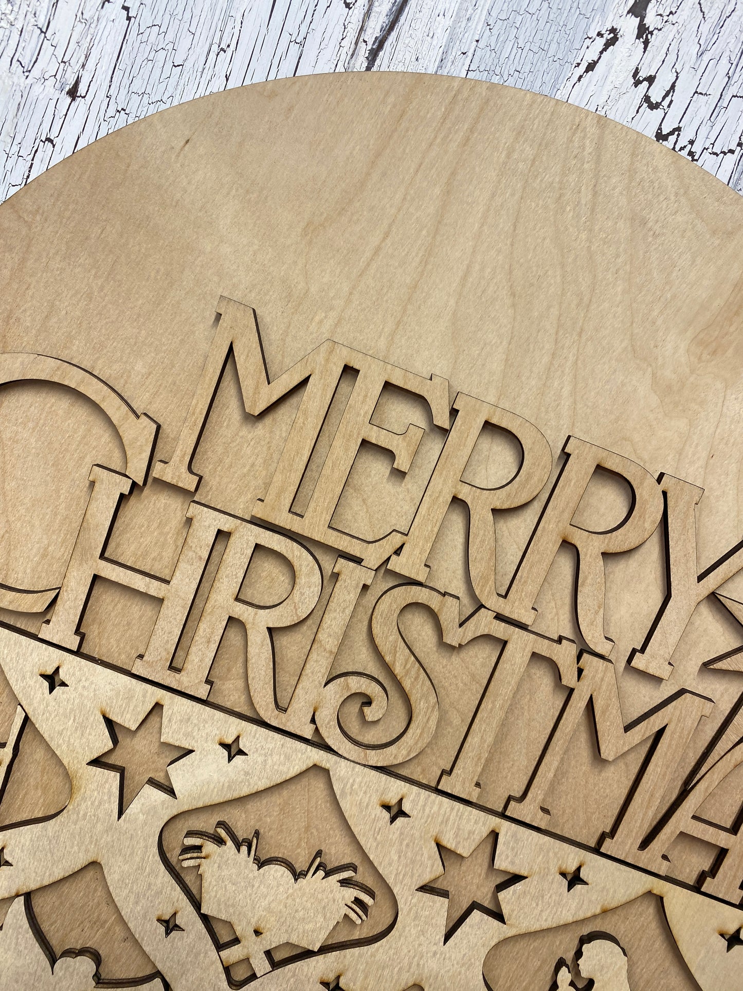 Nativity Silhouette Merry Christmas Layered Door Hanger – 18 Inch Round Wooden Christmas Sign for Front Door or Wall
