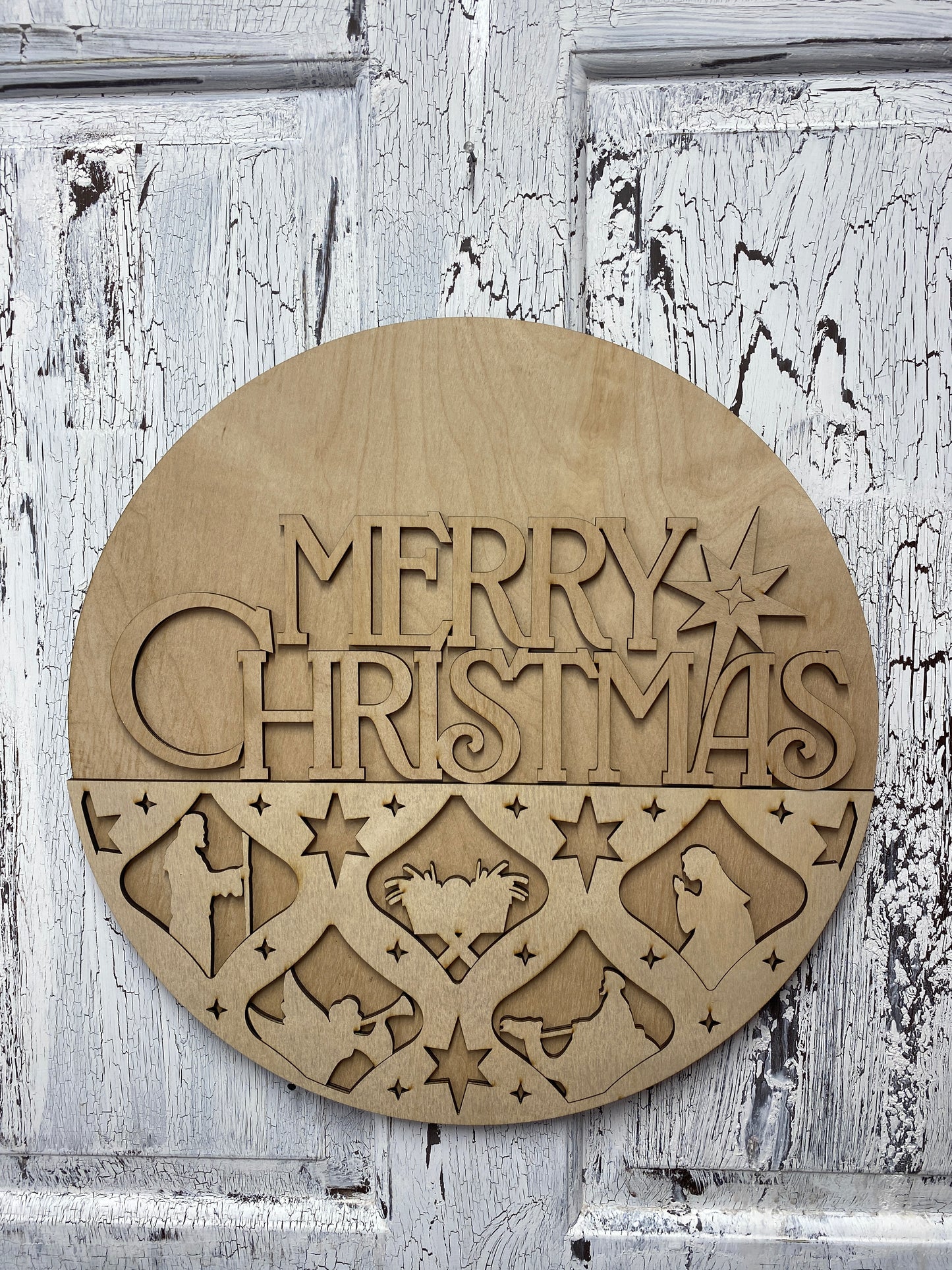 Nativity Silhouette Merry Christmas Layered Door Hanger – 18 Inch Round Wooden Christmas Sign for Front Door or Wall