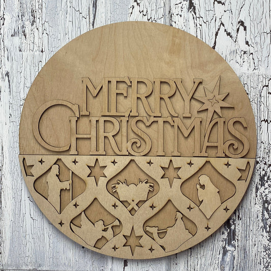 Nativity Silhouette Merry Christmas Layered Door Hanger – 18 Inch Round Wooden Christmas Sign for Front Door or Wall