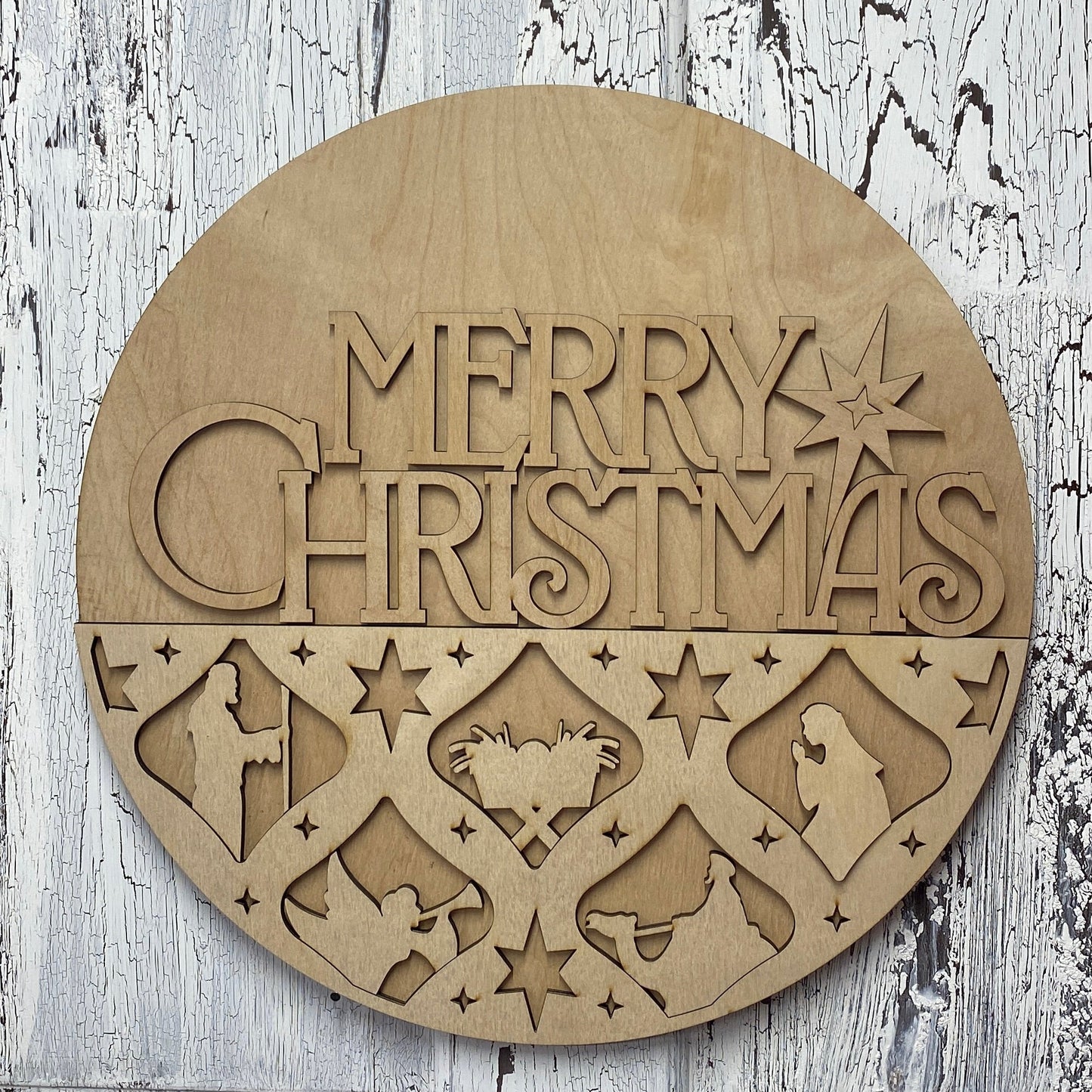 Nativity Silhouette Merry Christmas Layered Door Hanger – 18 Inch Round Wooden Christmas Sign for Front Door or Wall