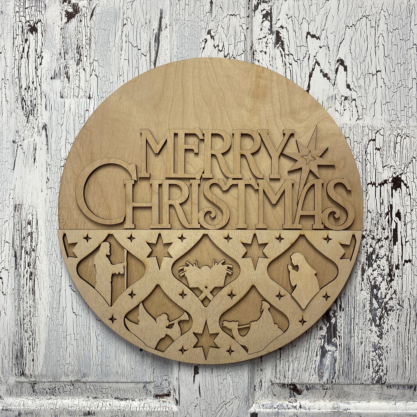 Nativity Silhouette Merry Christmas Layered Door Hanger – 18 Inch Round Wooden Christmas Sign for Front Door or Wall