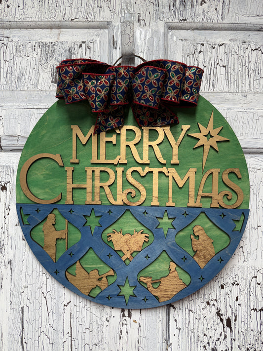 Nativity Silhouette Merry Christmas Layered Door Hanger – 18 Inch Round Wooden Christmas Sign for Front Door or Wall