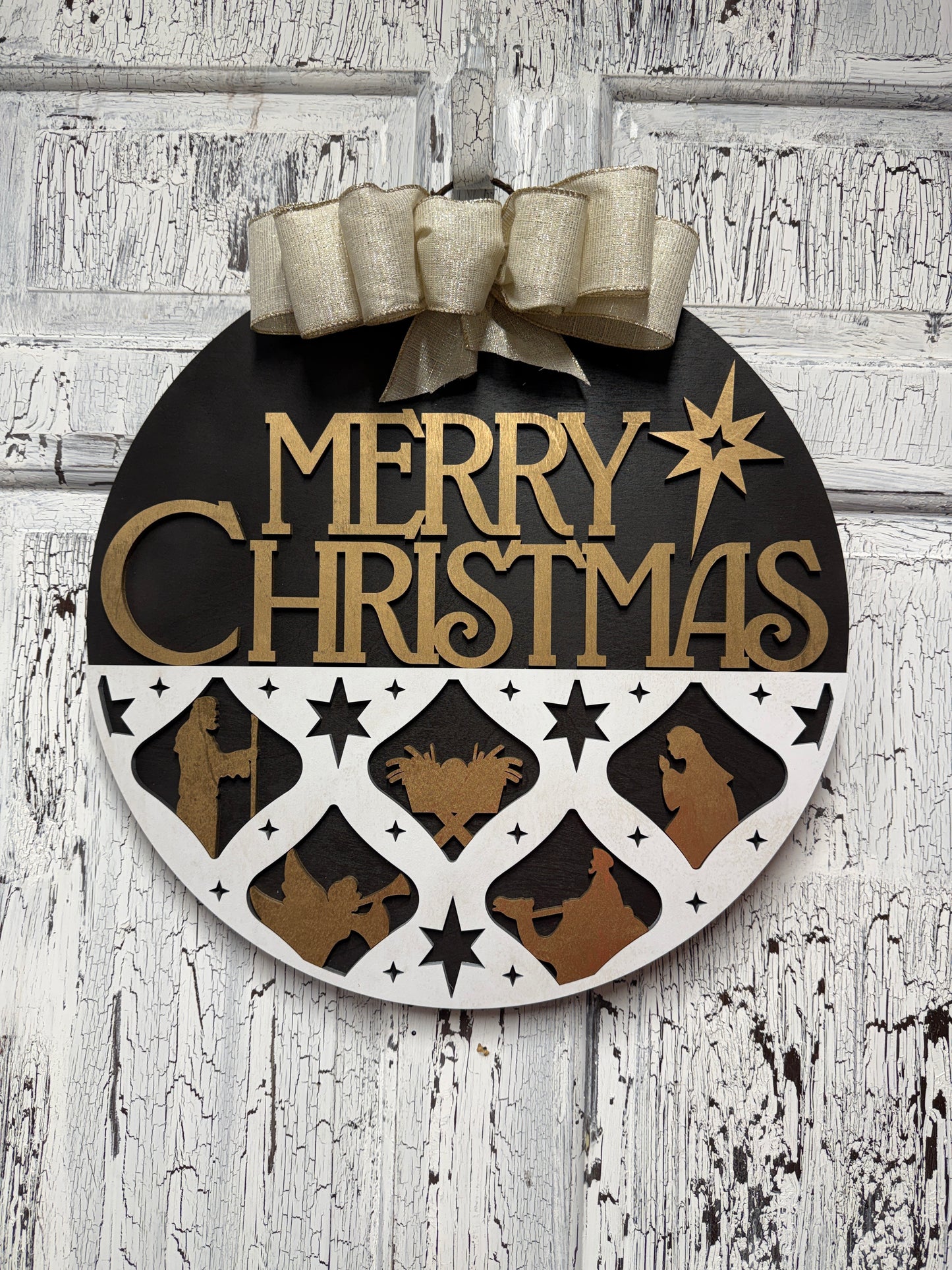 Nativity Silhouette Merry Christmas Layered Door Hanger – 18 Inch Round Wooden Christmas Sign for Front Door or Wall