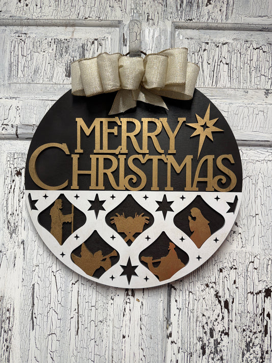 Nativity Silhouette Merry Christmas Layered Door Hanger – 18 Inch Round Wooden Christmas Sign for Front Door or Wall